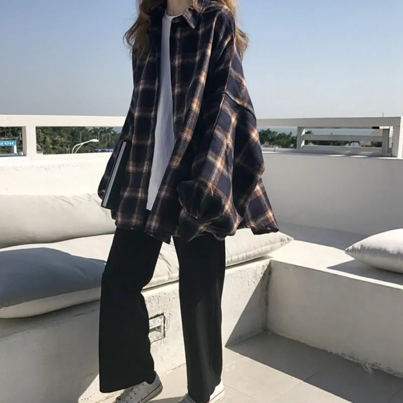 Toleet 90s streetwear Harajuku Batwing Sleeve Shirt Women's Boyfriend Style Spring and Autumn Mid-Length Loose Korean Style Woolen Plaid Shirt Cardigan Coat Fashion