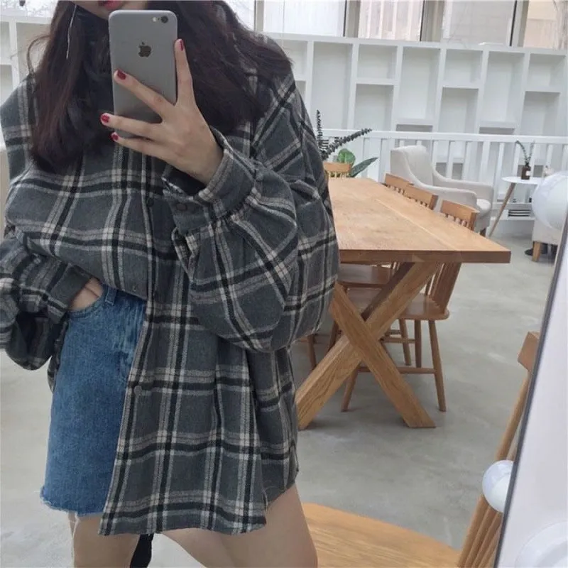 Toleet 90s streetwear Harajuku Batwing Sleeve Shirt Women's Boyfriend Style Spring and Autumn Mid-Length Loose Korean Style Woolen Plaid Shirt Cardigan Coat Fashion