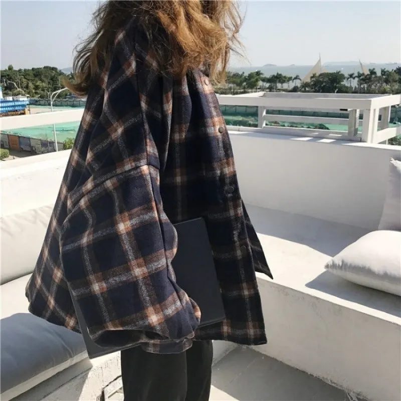 Toleet 90s streetwear Harajuku Batwing Sleeve Shirt Women's Boyfriend Style Spring and Autumn Mid-Length Loose Korean Style Woolen Plaid Shirt Cardigan Coat Fashion