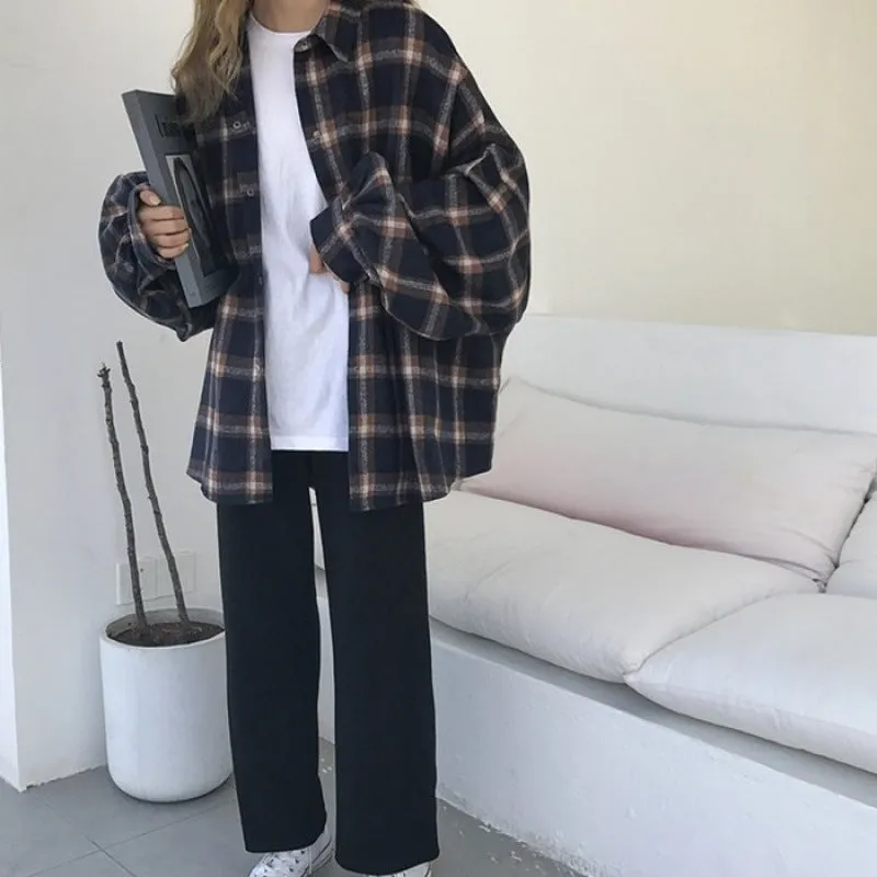 Toleet 90s streetwear Harajuku Batwing Sleeve Shirt Women's Boyfriend Style Spring and Autumn Mid-Length Loose Korean Style Woolen Plaid Shirt Cardigan Coat Fashion