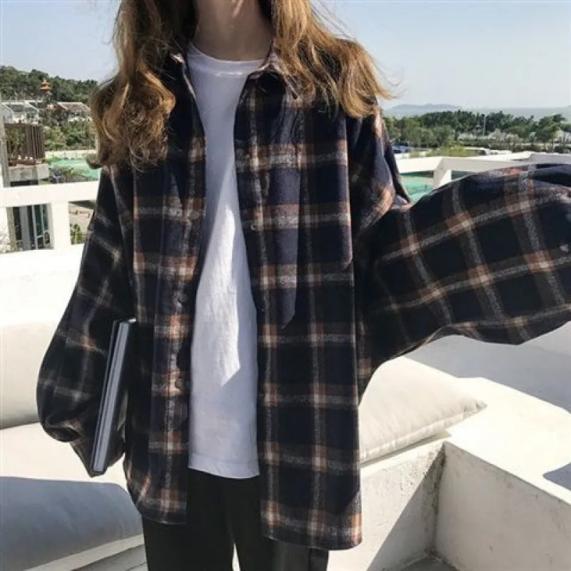 Toleet 90s streetwear Harajuku Batwing Sleeve Shirt Women's Boyfriend Style Spring and Autumn Mid-Length Loose Korean Style Woolen Plaid Shirt Cardigan Coat Fashion