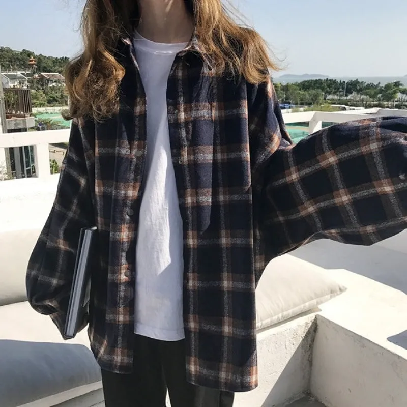 Toleet 90s streetwear Harajuku Batwing Sleeve Shirt Women's Boyfriend Style Spring and Autumn Mid-Length Loose Korean Style Woolen Plaid Shirt Cardigan Coat Fashion