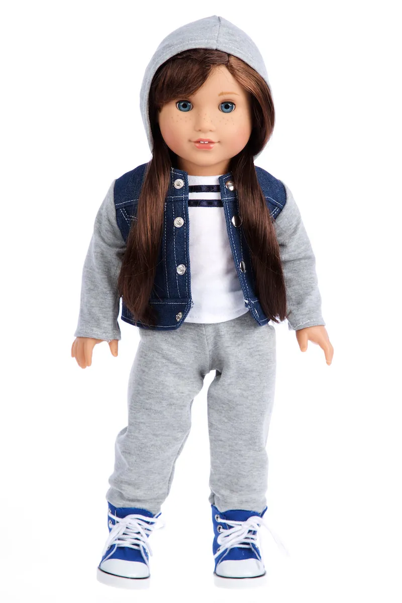 Tomboy - 4 Piece Doll Outfit - Jeans Jacket, Grey Sweatpants, T-shirt and Blue Boots