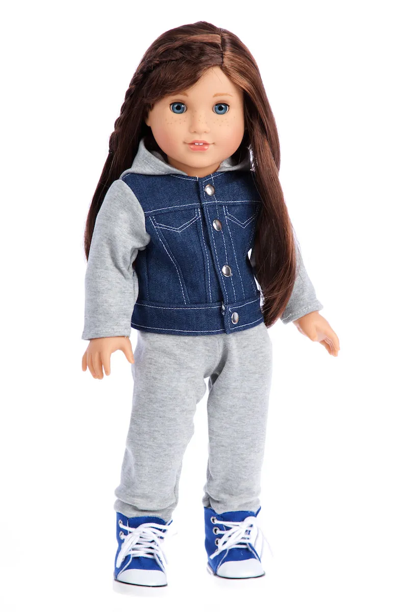 Tomboy - 4 Piece Doll Outfit - Jeans Jacket, Grey Sweatpants, T-shirt and Blue Boots