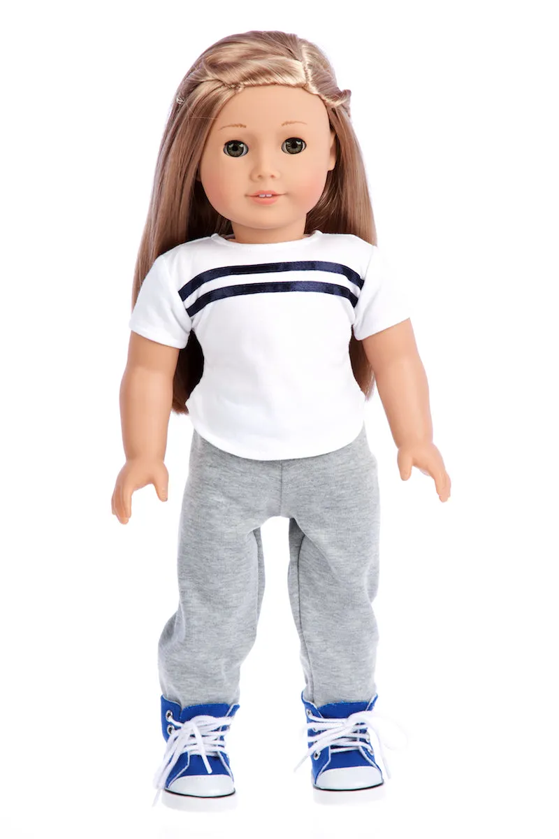 Tomboy - 4 Piece Doll Outfit - Jeans Jacket, Grey Sweatpants, T-shirt and Blue Boots