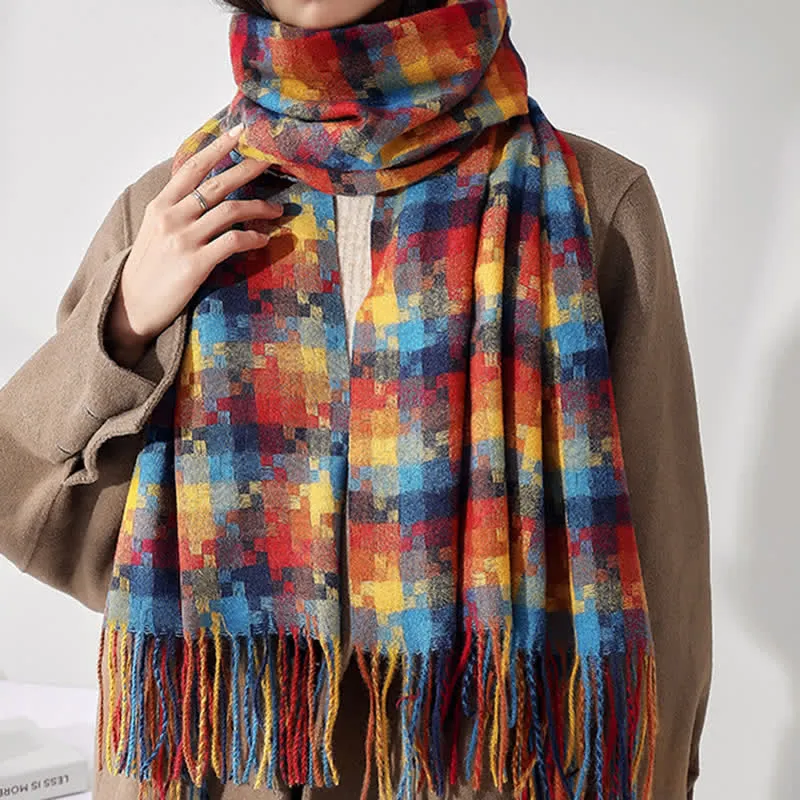 Unisex Multicoloured Jigsaw Shaped Fringe Soft Scarf