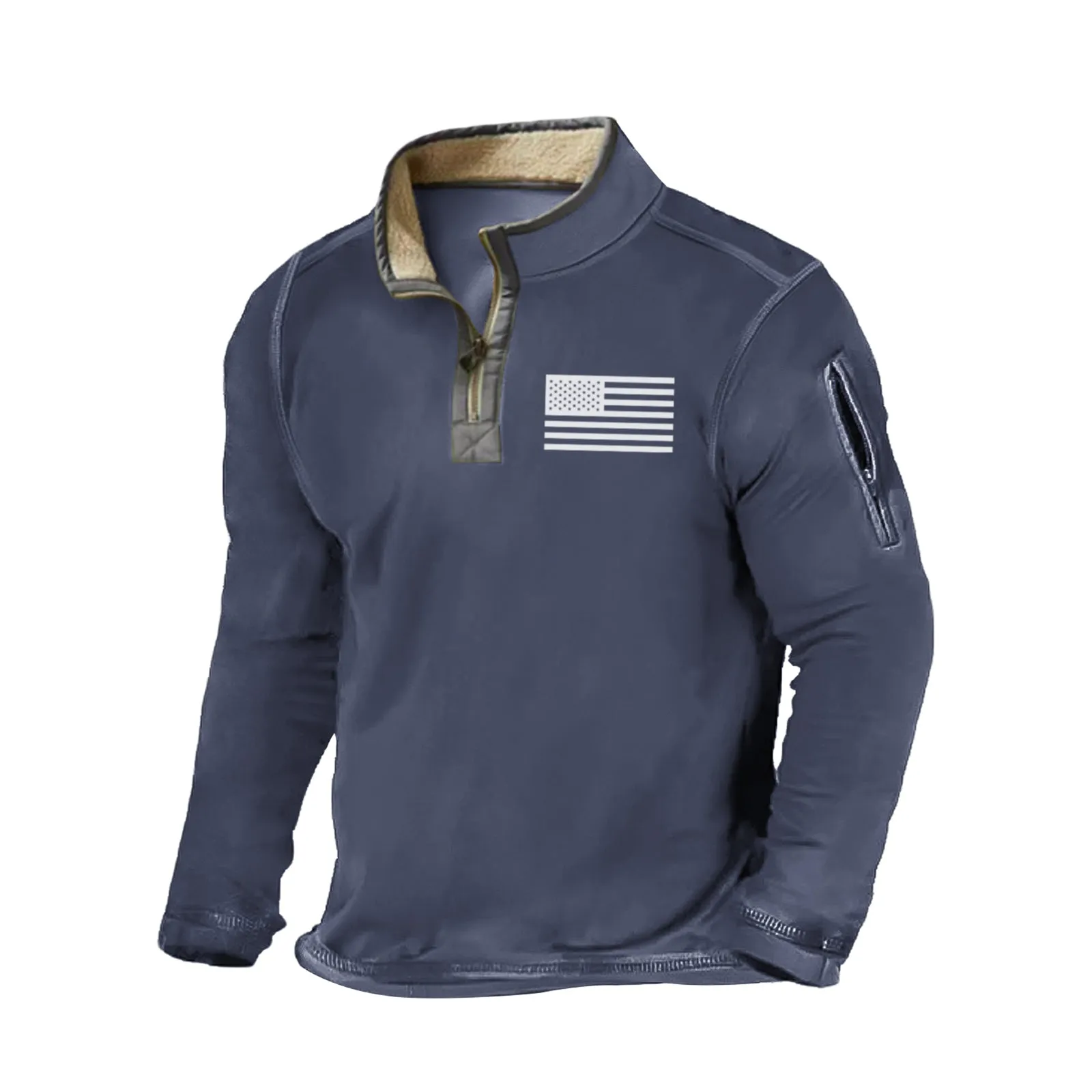 USA FLAG FUR COLLAR SPLICED ZIPPER GRAPHIC POCKET SWEATSHIRT