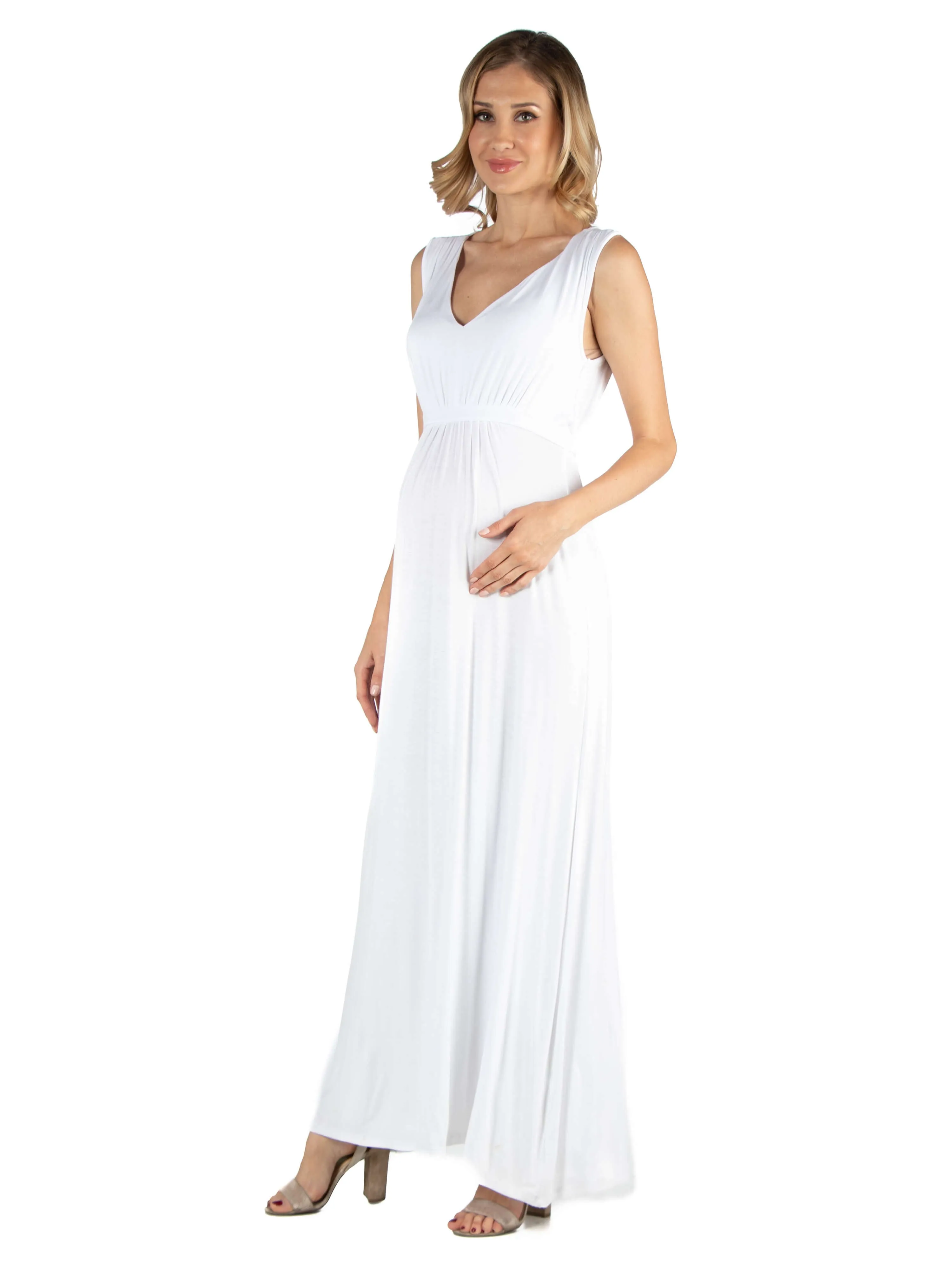 V Neck Sleeveless Maternity Maxi Dress with Belt