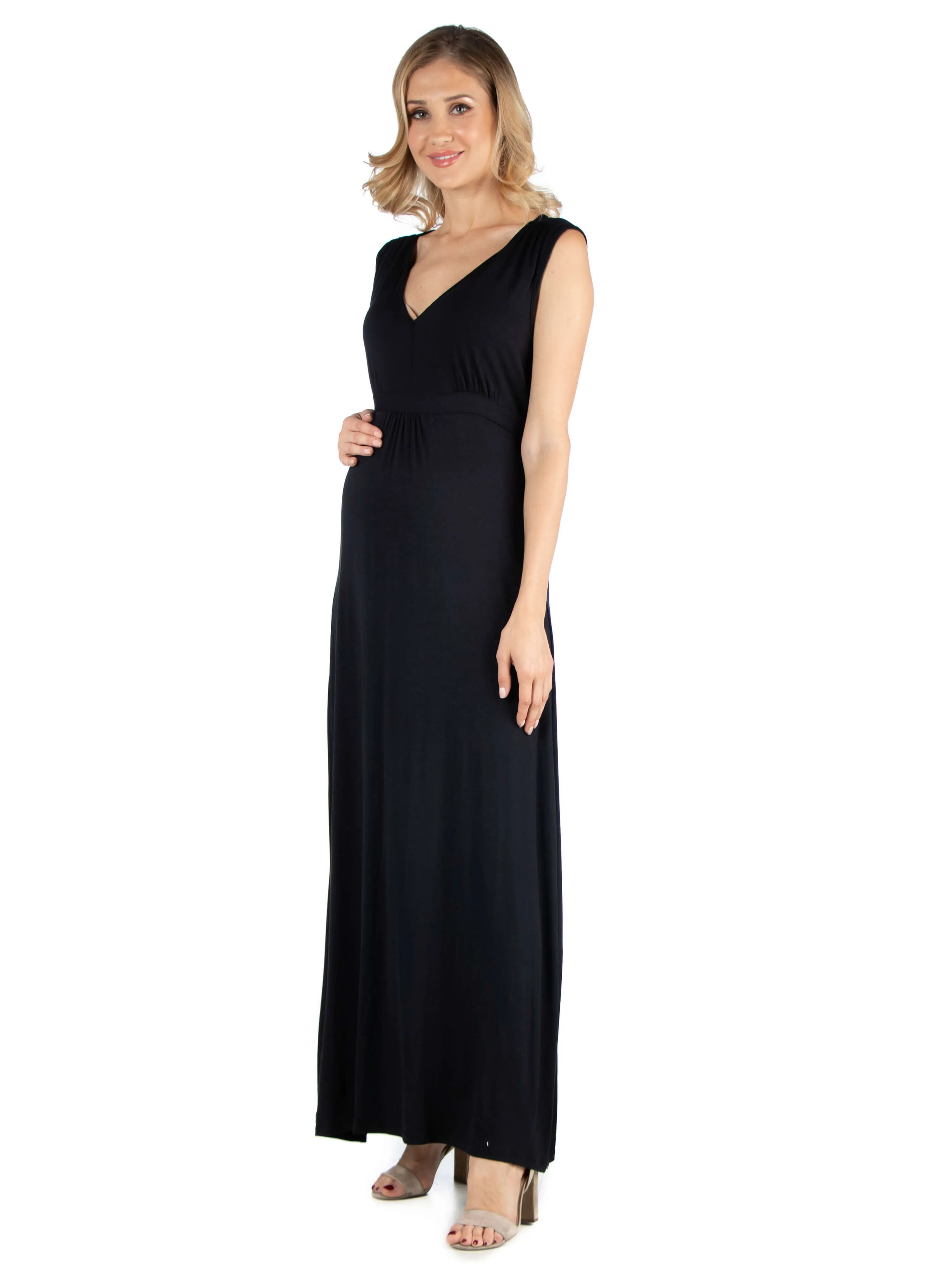 V Neck Sleeveless Maternity Maxi Dress with Belt