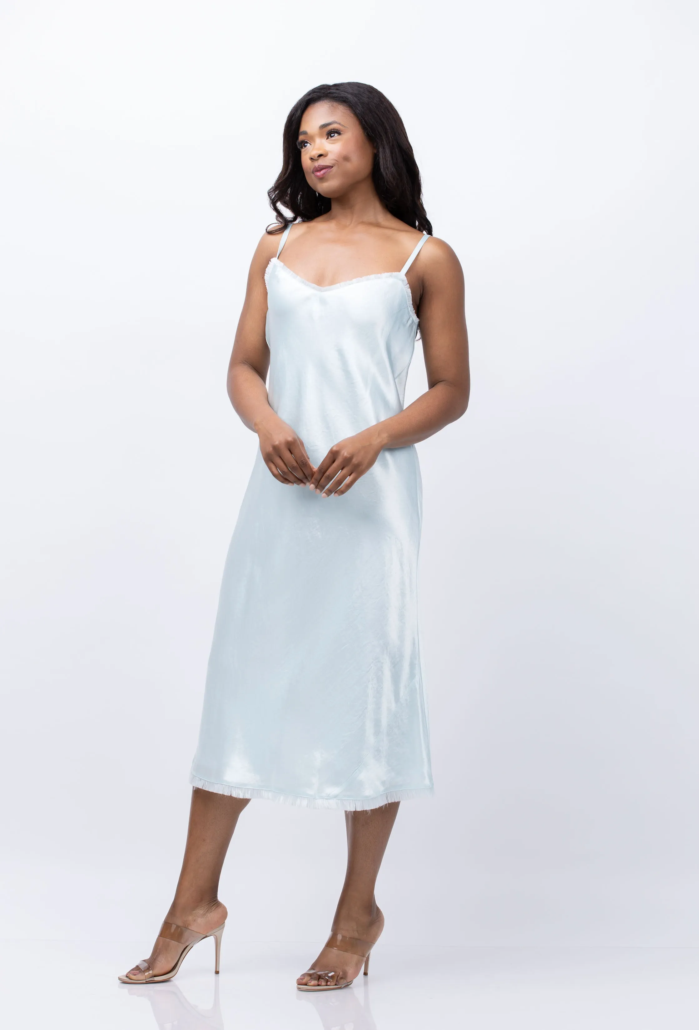 Vince Satin Frayed-Edge Bias Camisole Dress in Sea Star