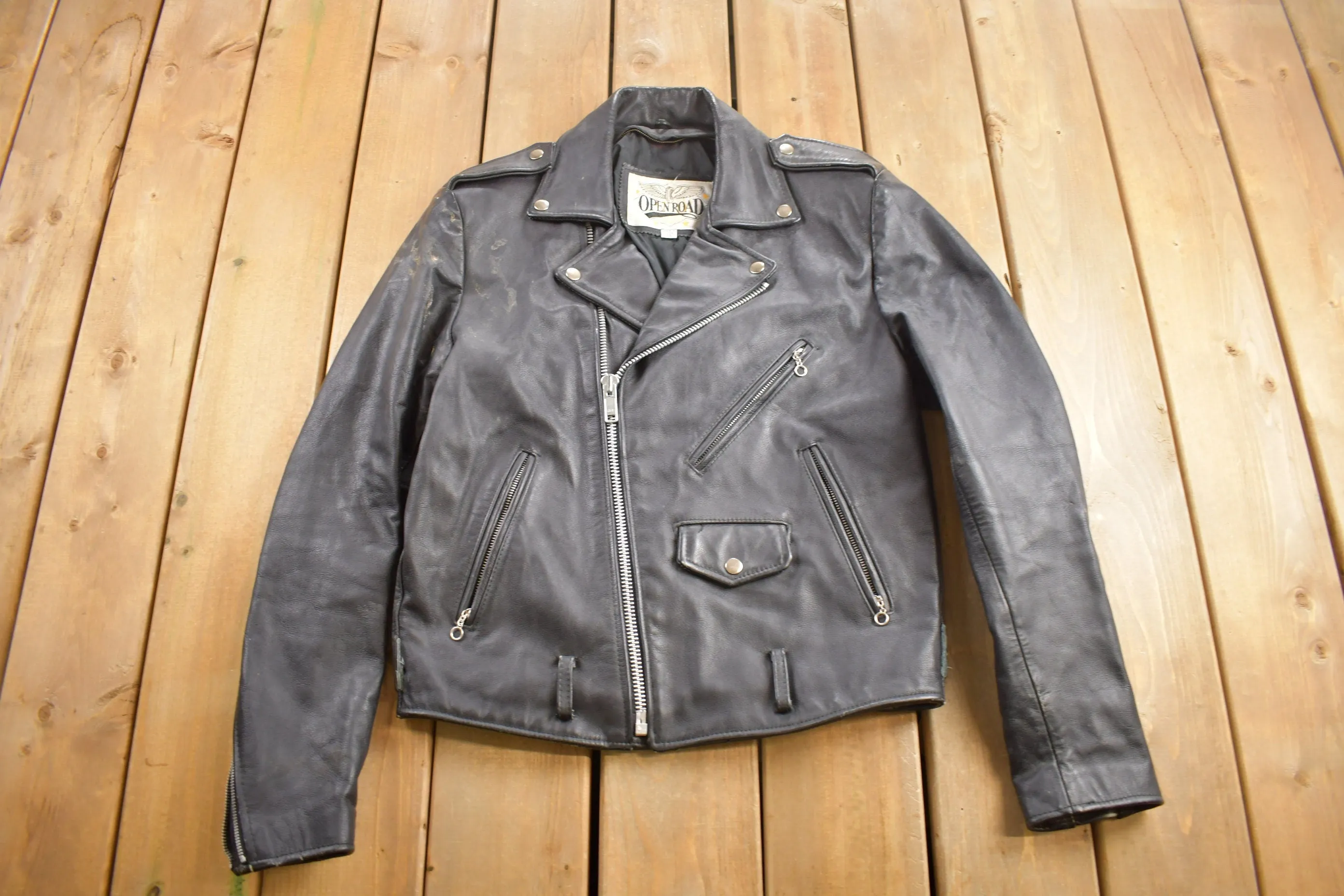 Vintage 1990s Open Road Leather Biker Jacket Size 38