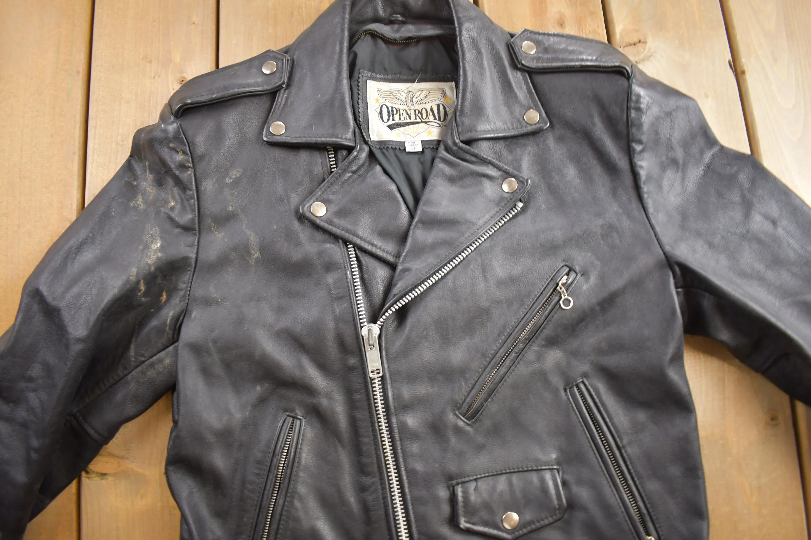 Vintage 1990s Open Road Leather Biker Jacket Size 38