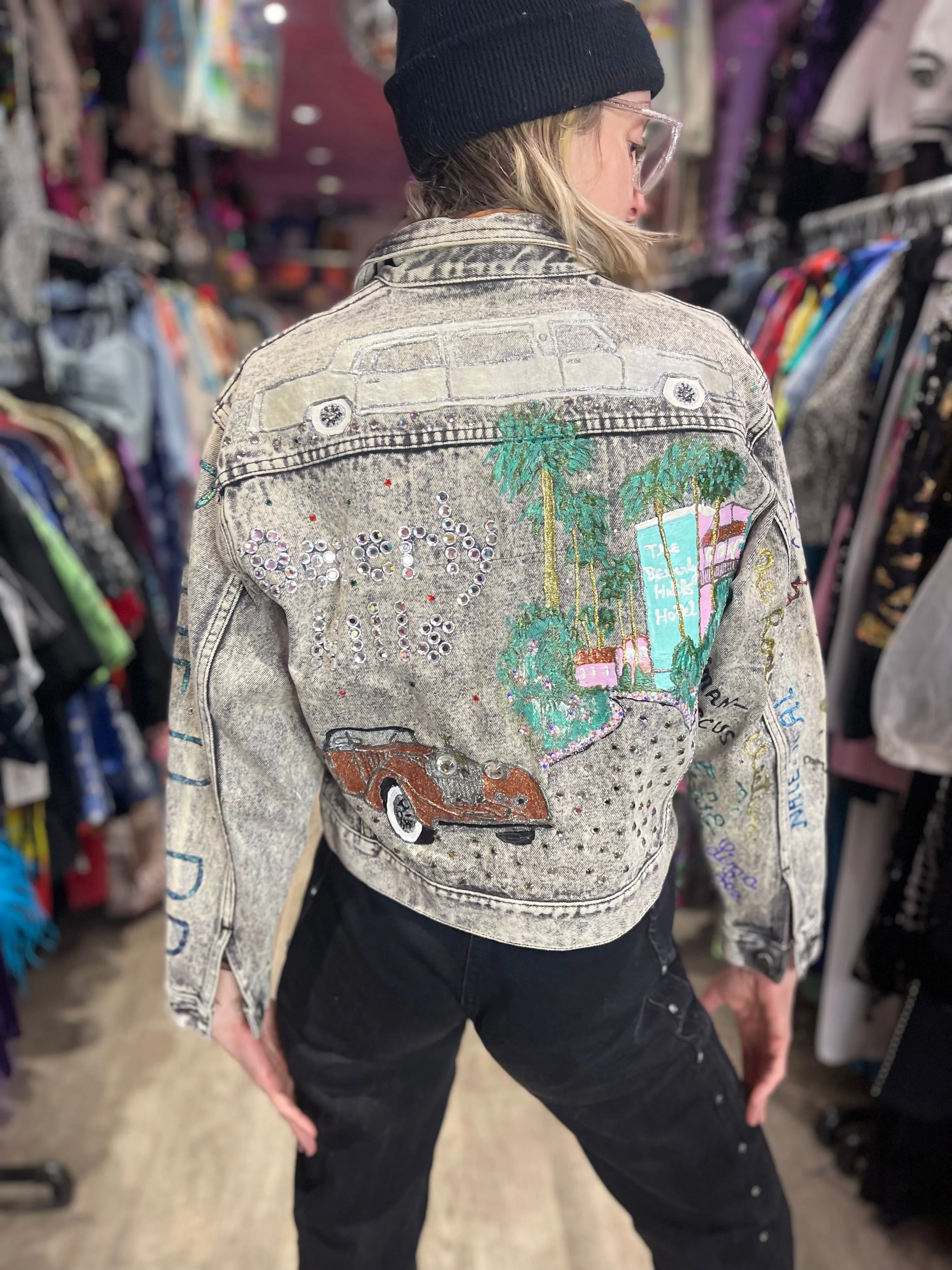 Vintage 80s Beverly Hills Painted and Studded Cropped Jean Jacket