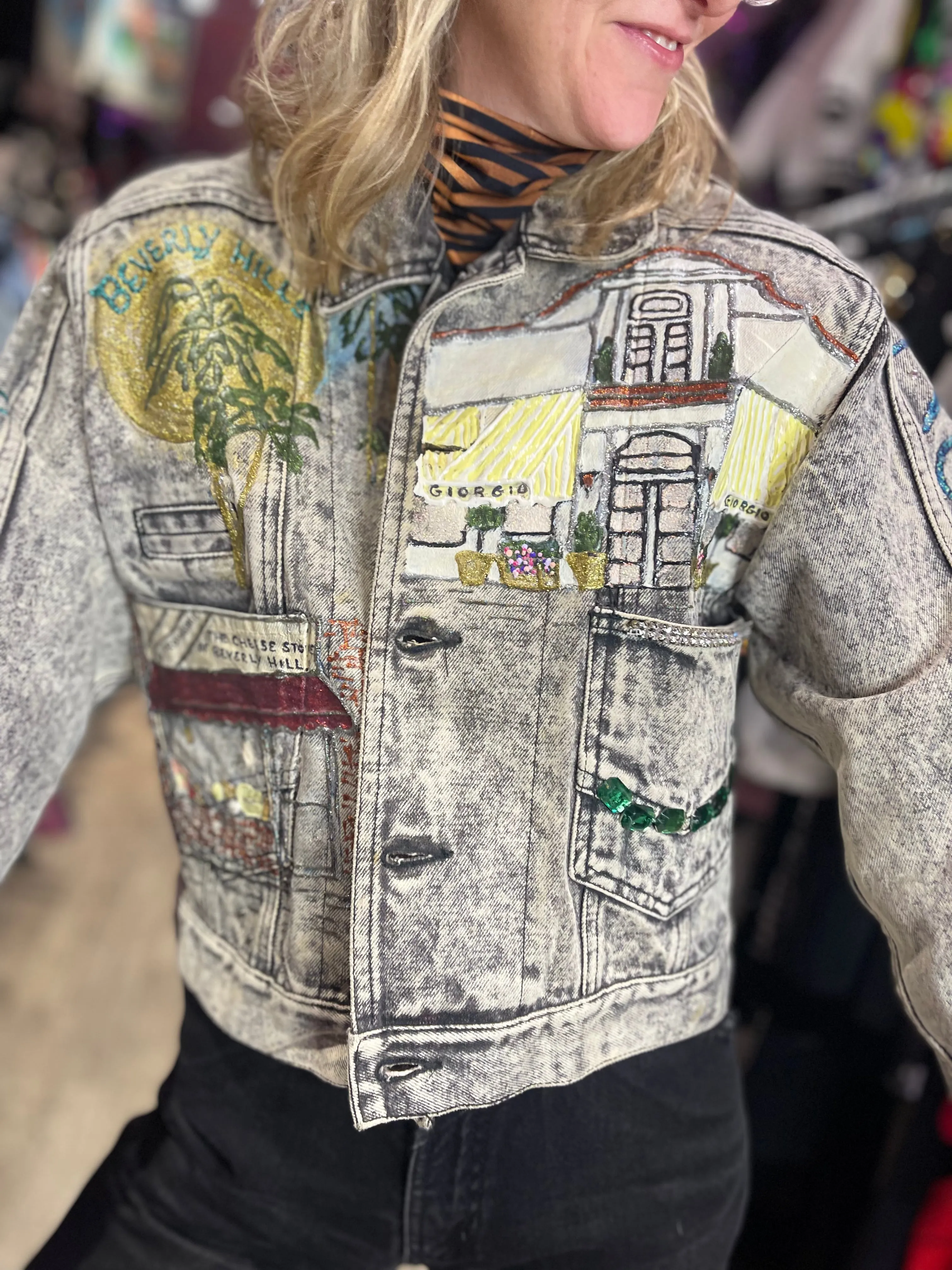 Vintage 80s Beverly Hills Painted and Studded Cropped Jean Jacket