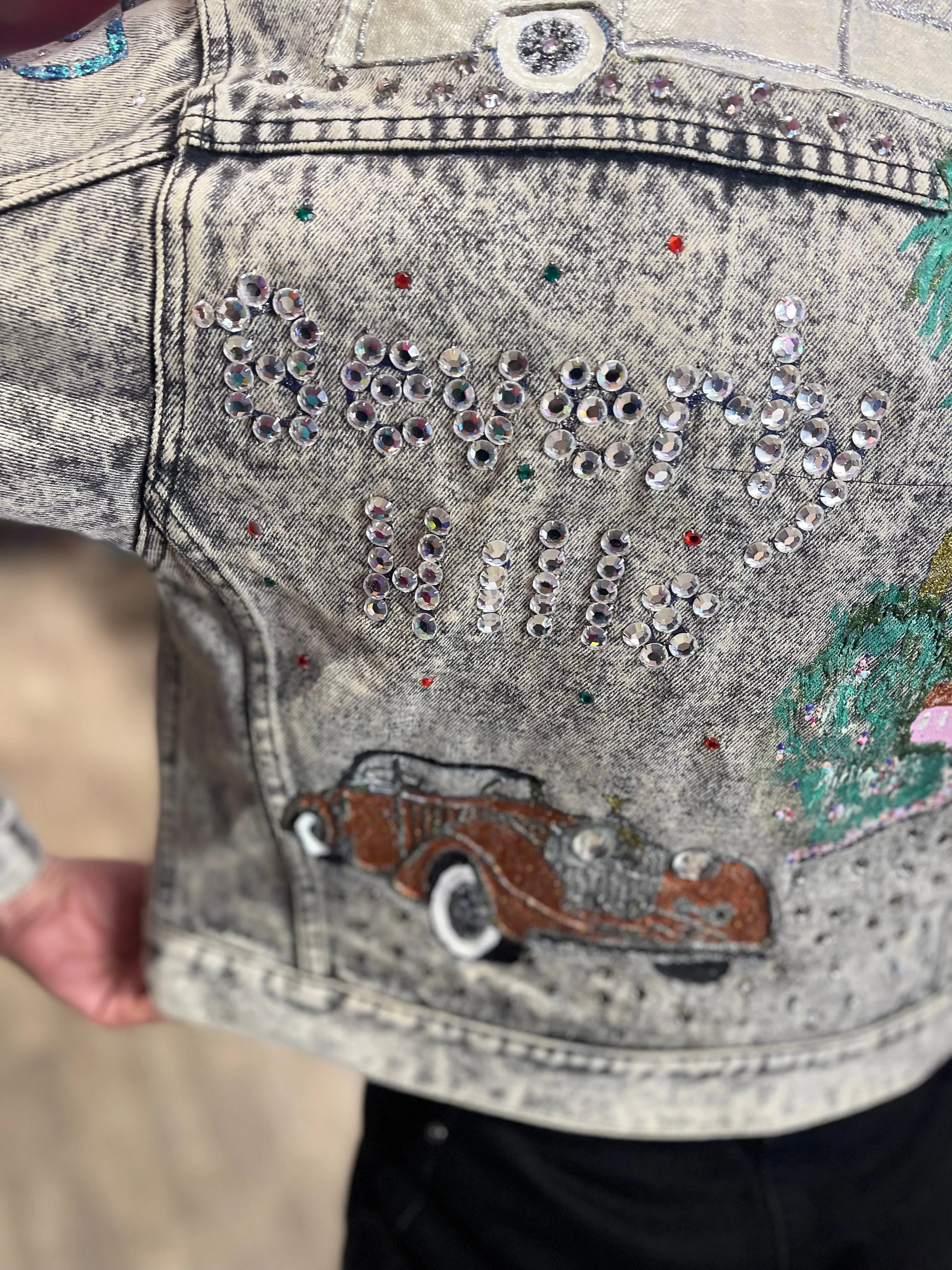 Vintage 80s Beverly Hills Painted and Studded Cropped Jean Jacket