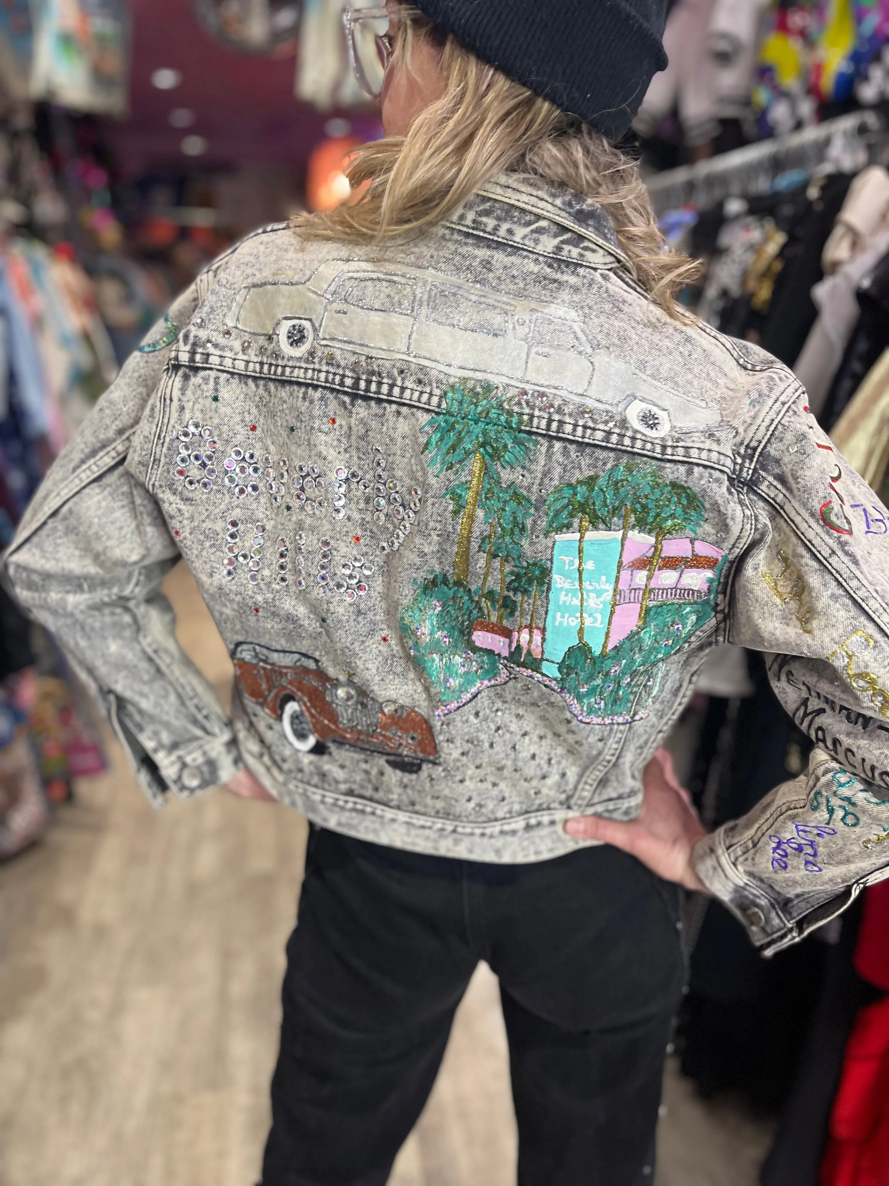 Vintage 80s Beverly Hills Painted and Studded Cropped Jean Jacket