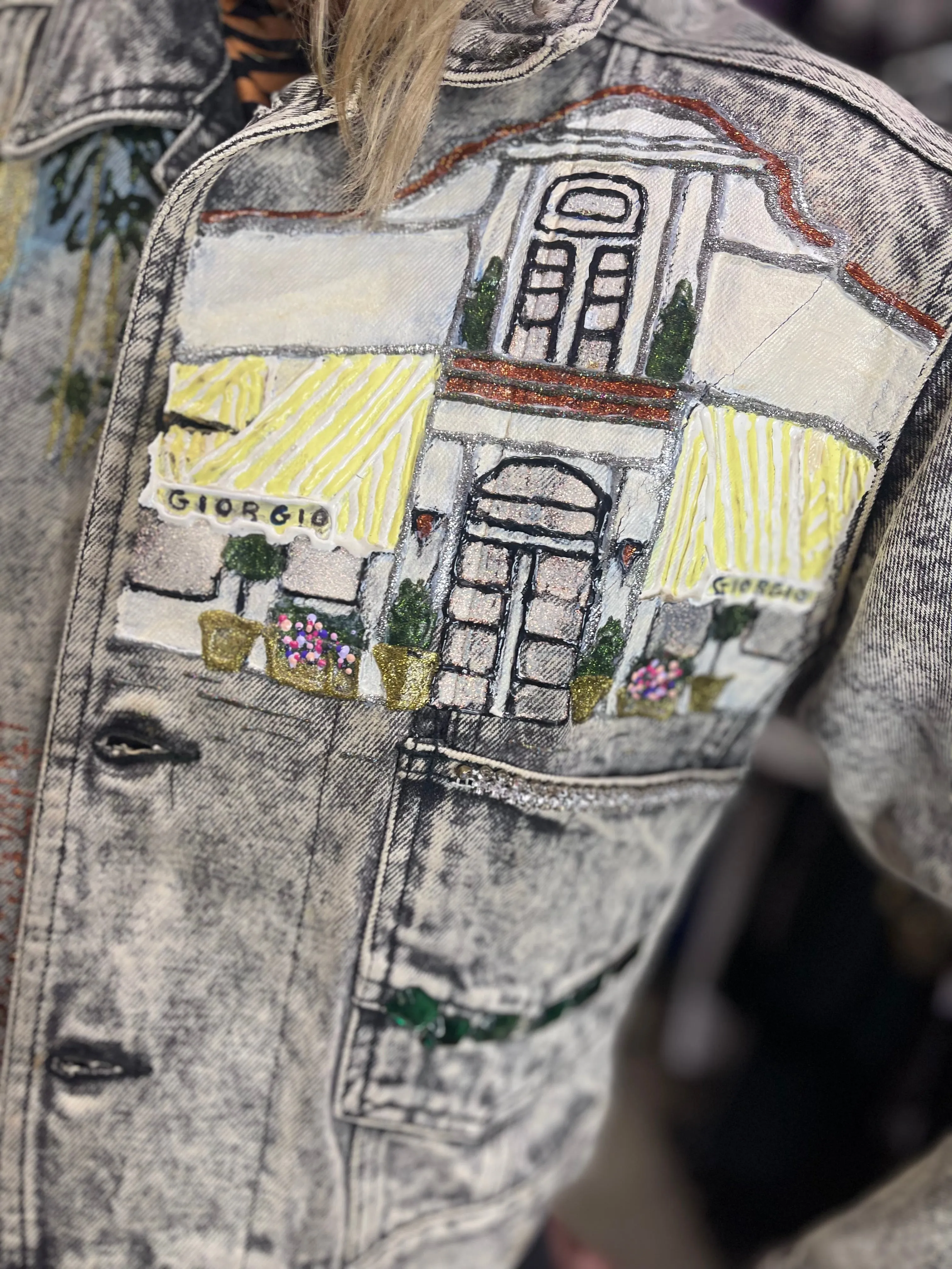 Vintage 80s Beverly Hills Painted and Studded Cropped Jean Jacket