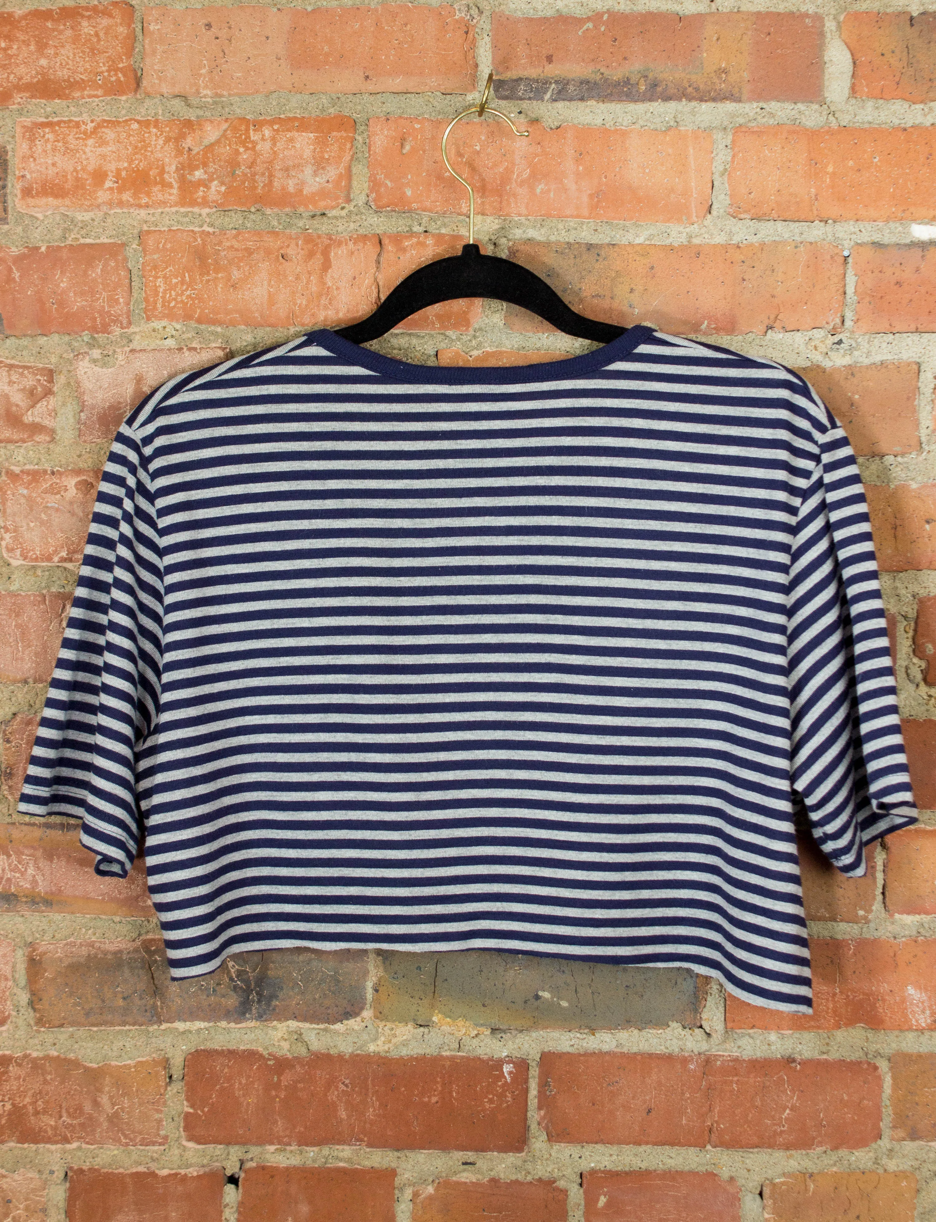 Vintage Mickey Mouse Cropped Graphic T Shirt 90s Navy Blue and Grey Stripes Henley Large