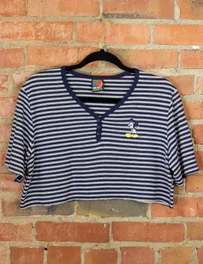 Vintage Mickey Mouse Cropped Graphic T Shirt 90s Navy Blue and Grey Stripes Henley Large