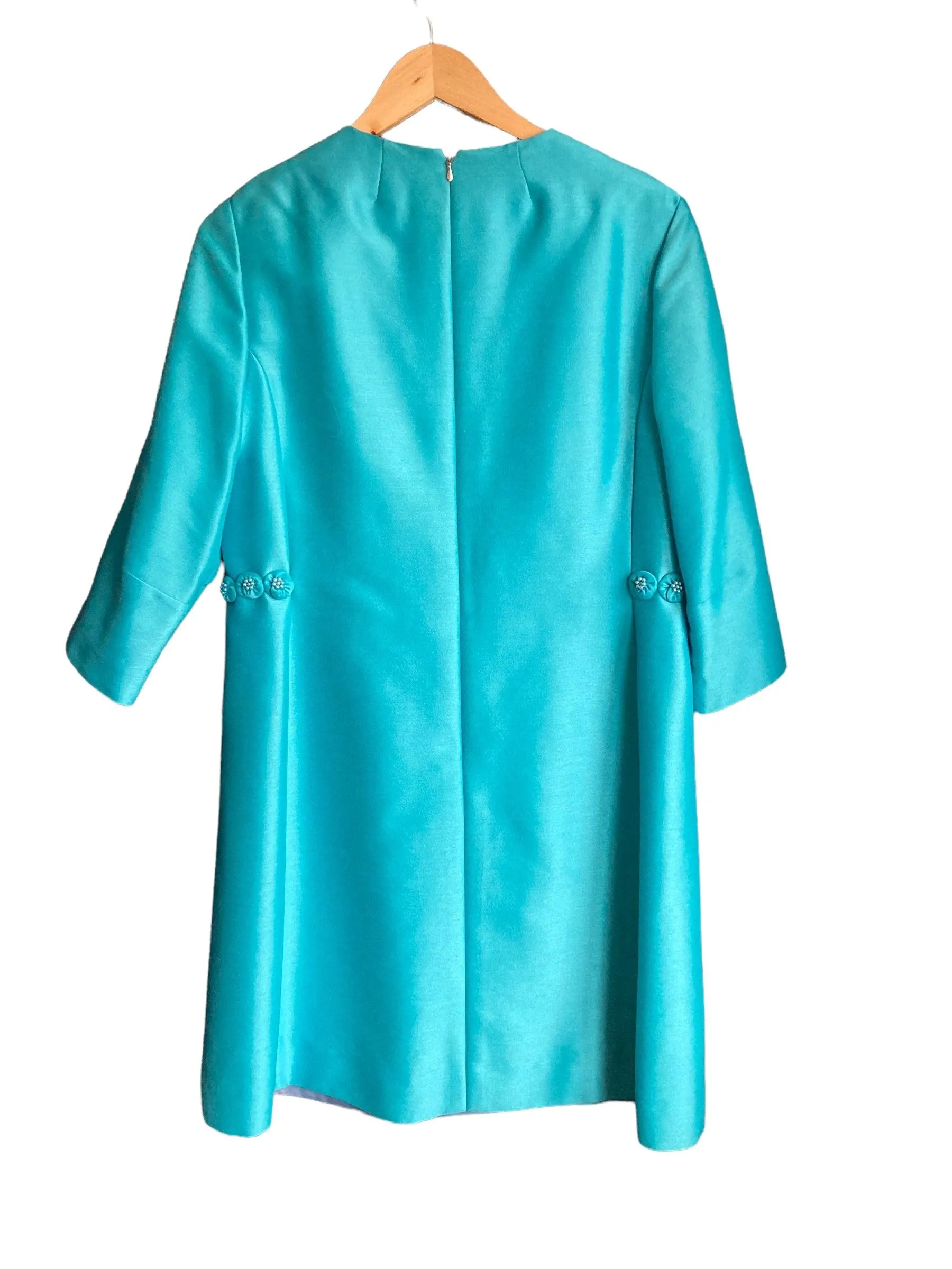 Vintage Peggy French Couture Turquoise 3/4 Sleeved Dress Suit And Long Sleeved Coat UK Size 16