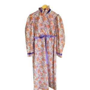 Vintage Purple and Orange Flowered Pattern Long Sleeved Dress UK Size 14