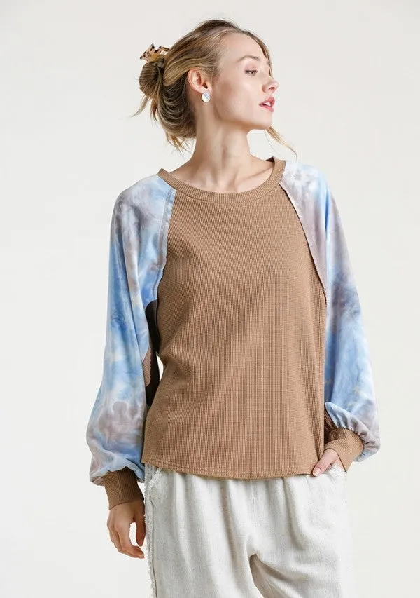 Waffle Knit Tie Dye Top, Mocha