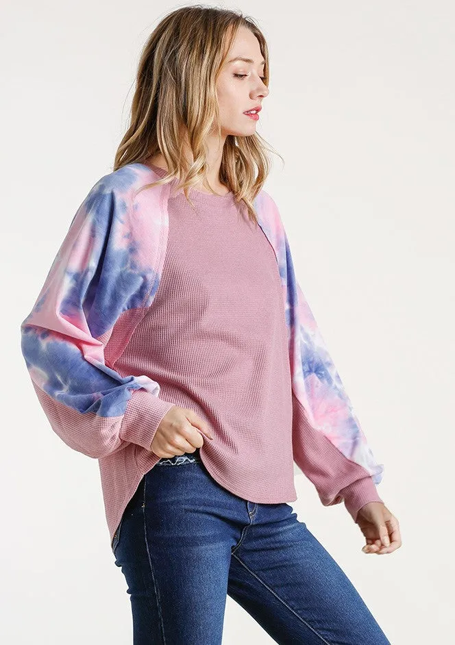 Waffle Knit Tie Dye Top, Rose