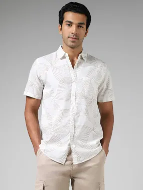 WES Casuals Off White Printed Slim-Fit Blended Linen Shirt