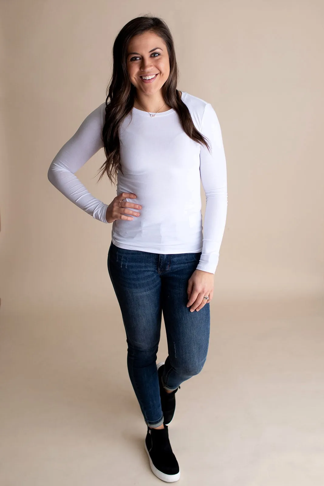 White Basic Fitted Long Sleeve Tee