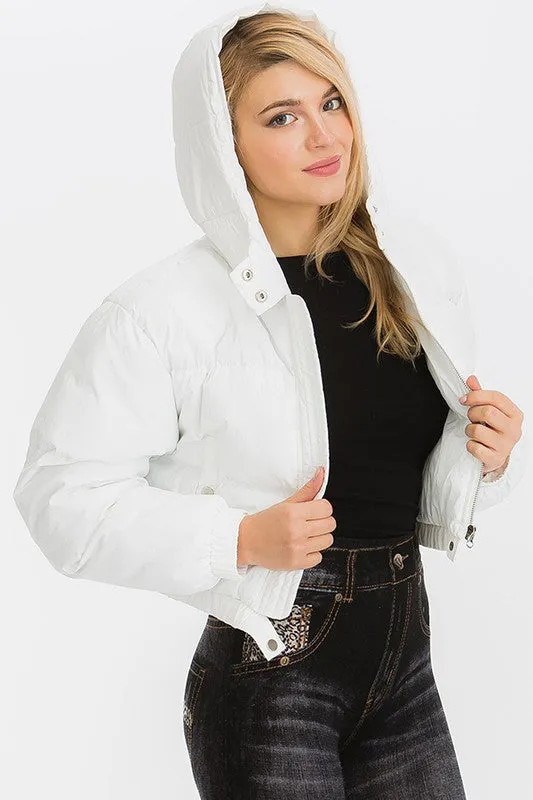 White Winter Hooded Cropped Puffer Jacket