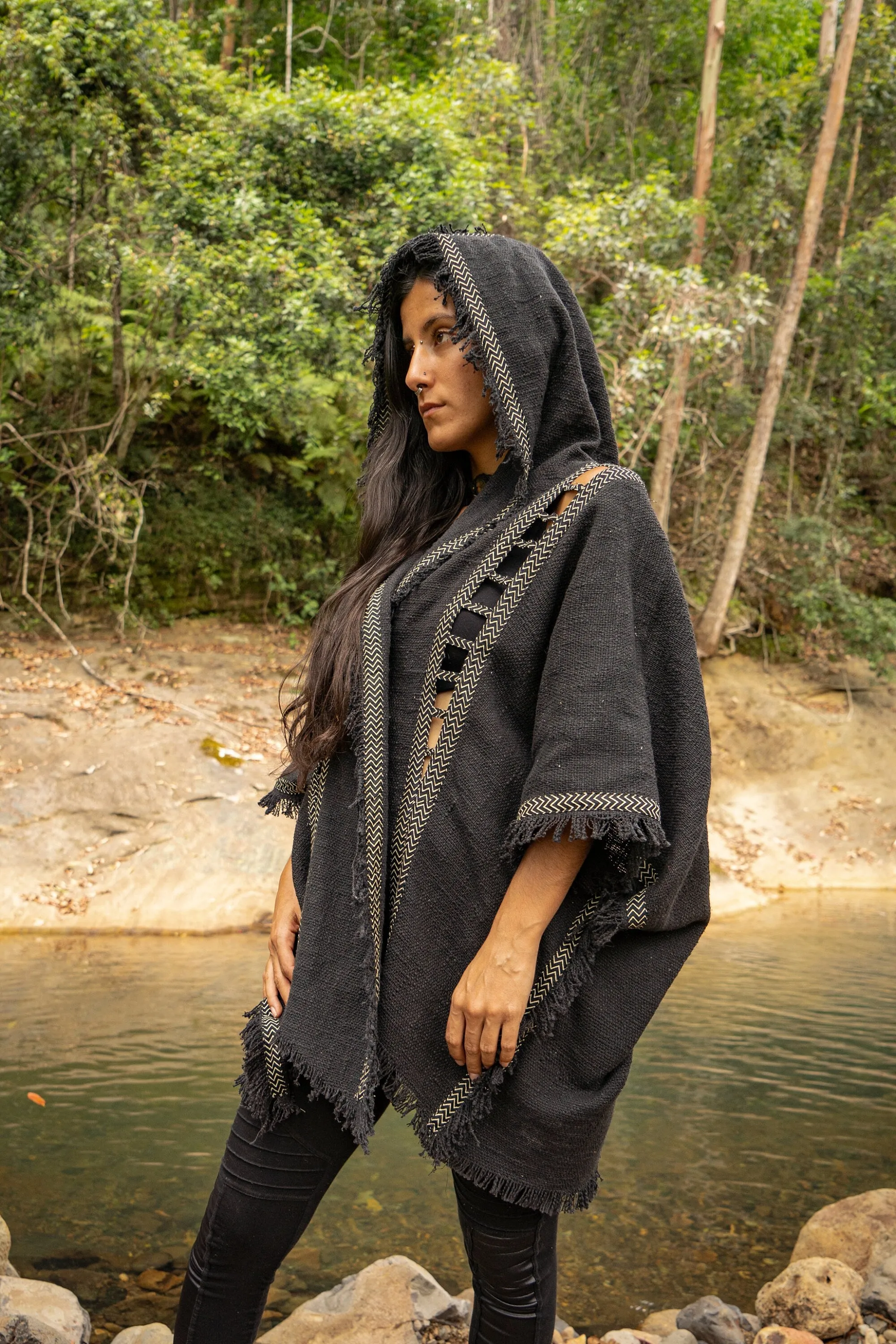 WIZARD Womens Black Hooded Kimono Vest Tribal Ritual Ceremony Shamanic Gypsy Festival Magic Ritual Alchemy Primitive Rave Boho Earthy AJJAYA