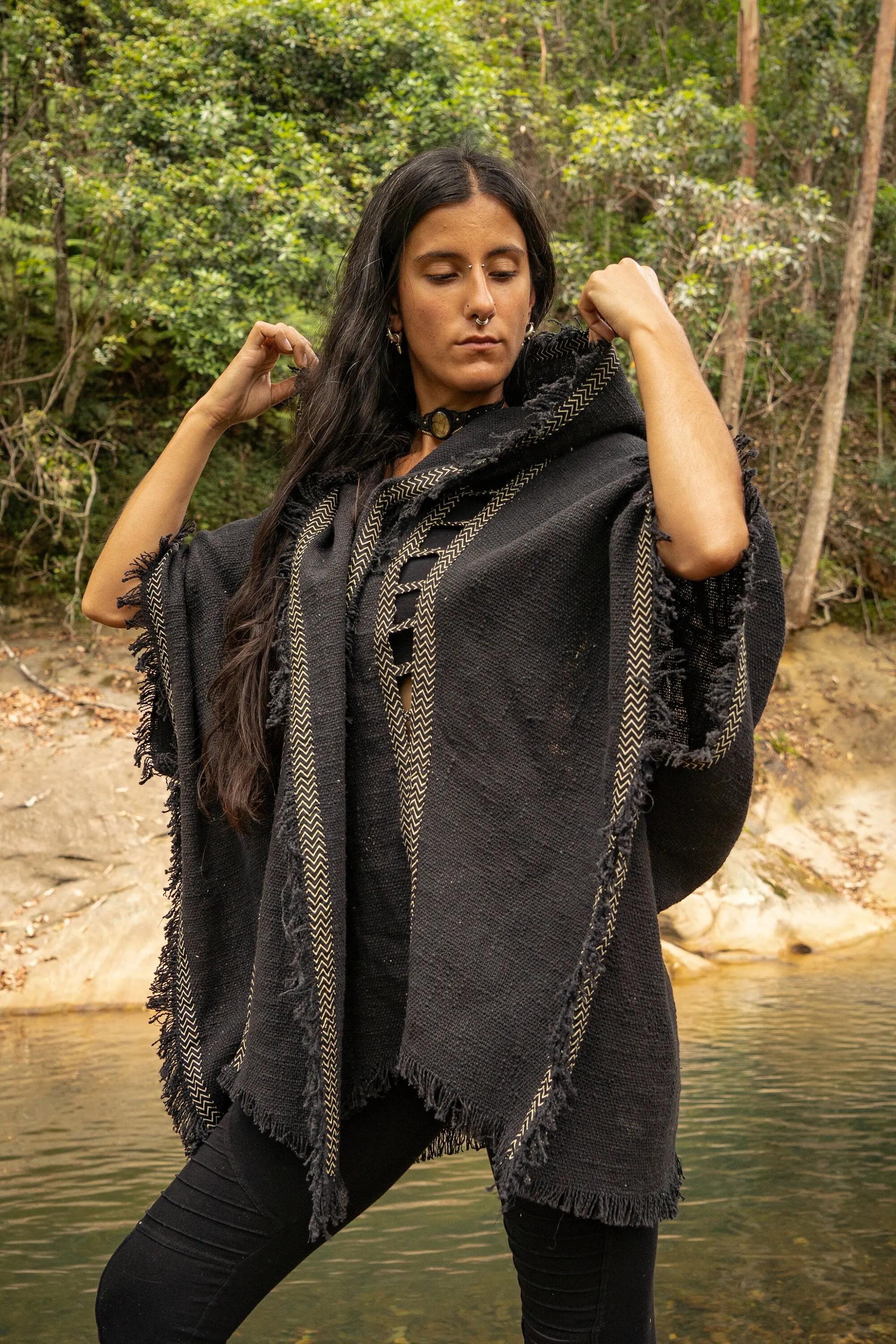 WIZARD Womens Black Hooded Kimono Vest Tribal Ritual Ceremony Shamanic Gypsy Festival Magic Ritual Alchemy Primitive Rave Boho Earthy AJJAYA