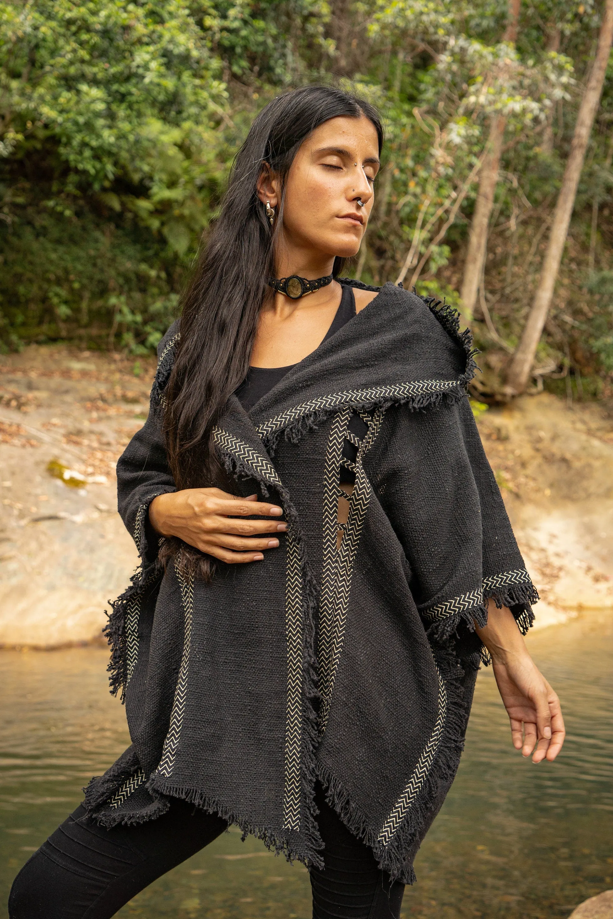 WIZARD Womens Black Hooded Kimono Vest Tribal Ritual Ceremony Shamanic Gypsy Festival Magic Ritual Alchemy Primitive Rave Boho Earthy AJJAYA