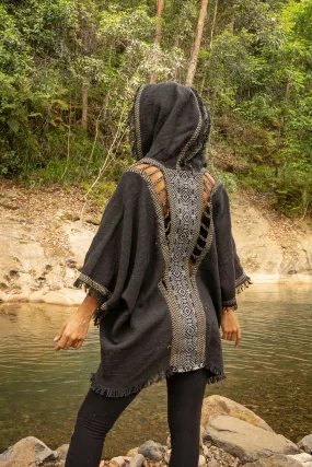 WIZARD Womens Black Hooded Kimono Vest Tribal Ritual Ceremony Shamanic Gypsy Festival Magic Ritual Alchemy Primitive Rave Boho Earthy AJJAYA