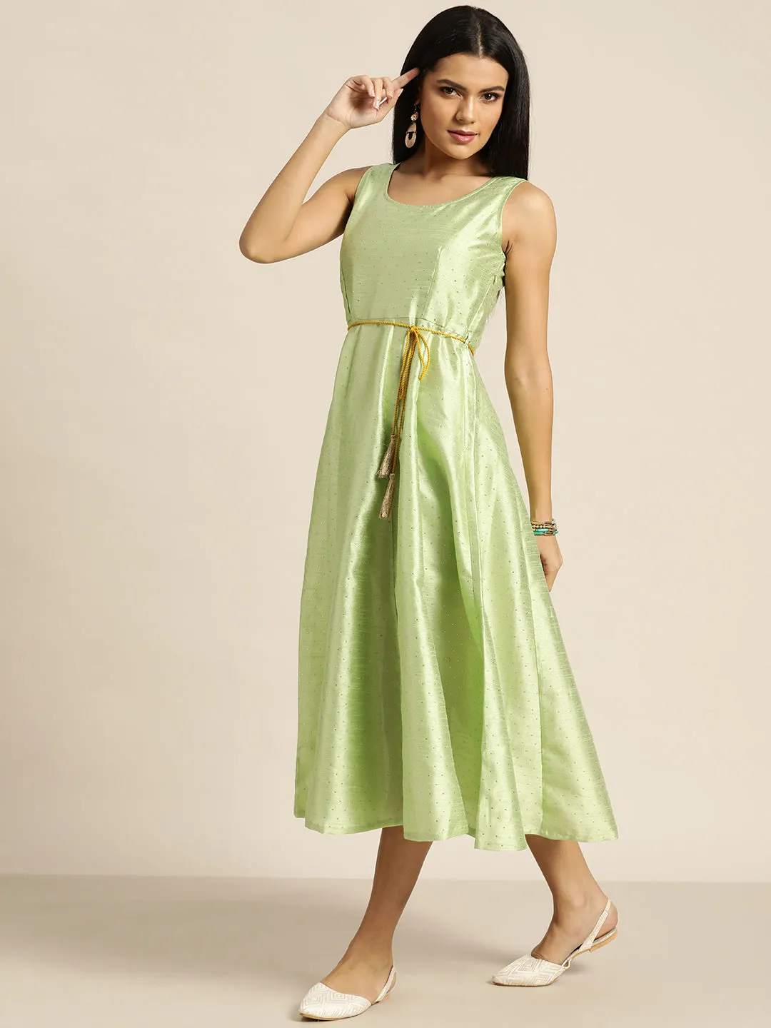 Women Mint Green Mukaish Work Anarkali Dress