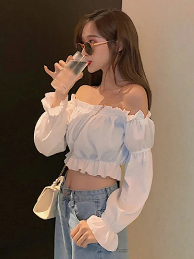 Women Top Sexy Blouse Off Shoulder Top Long Sleeve Solid Color White Shirt Puff Sleeve Ruffle Tunic Crop Top Summer Tube Top