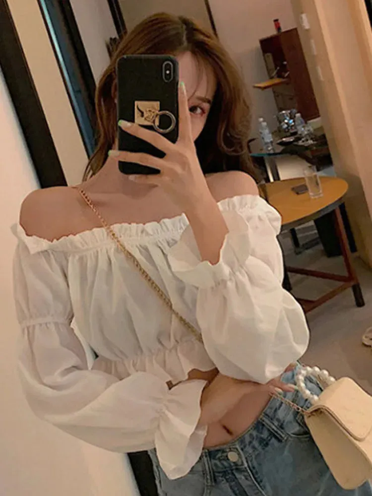 Women Top Sexy Blouse Off Shoulder Top Long Sleeve Solid Color White Shirt Puff Sleeve Ruffle Tunic Crop Top Summer Tube Top