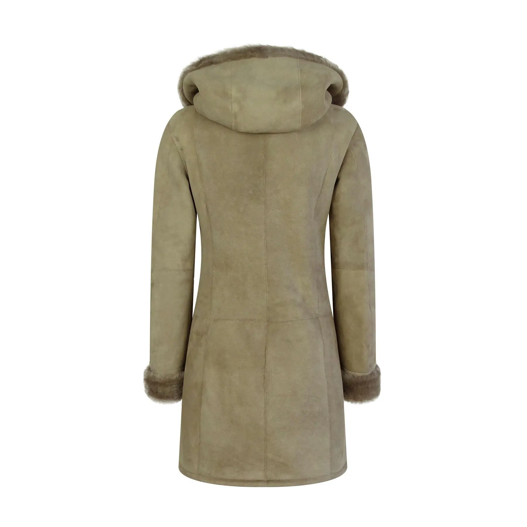 Womens Beige 3/4 Long Hood Real Morino Sheepskin Jacket Button Brown