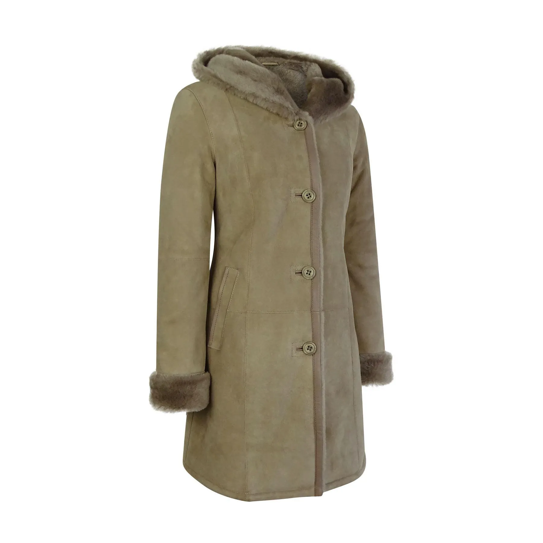 Womens Beige 3/4 Long Hood Real Morino Sheepskin Jacket Button Brown