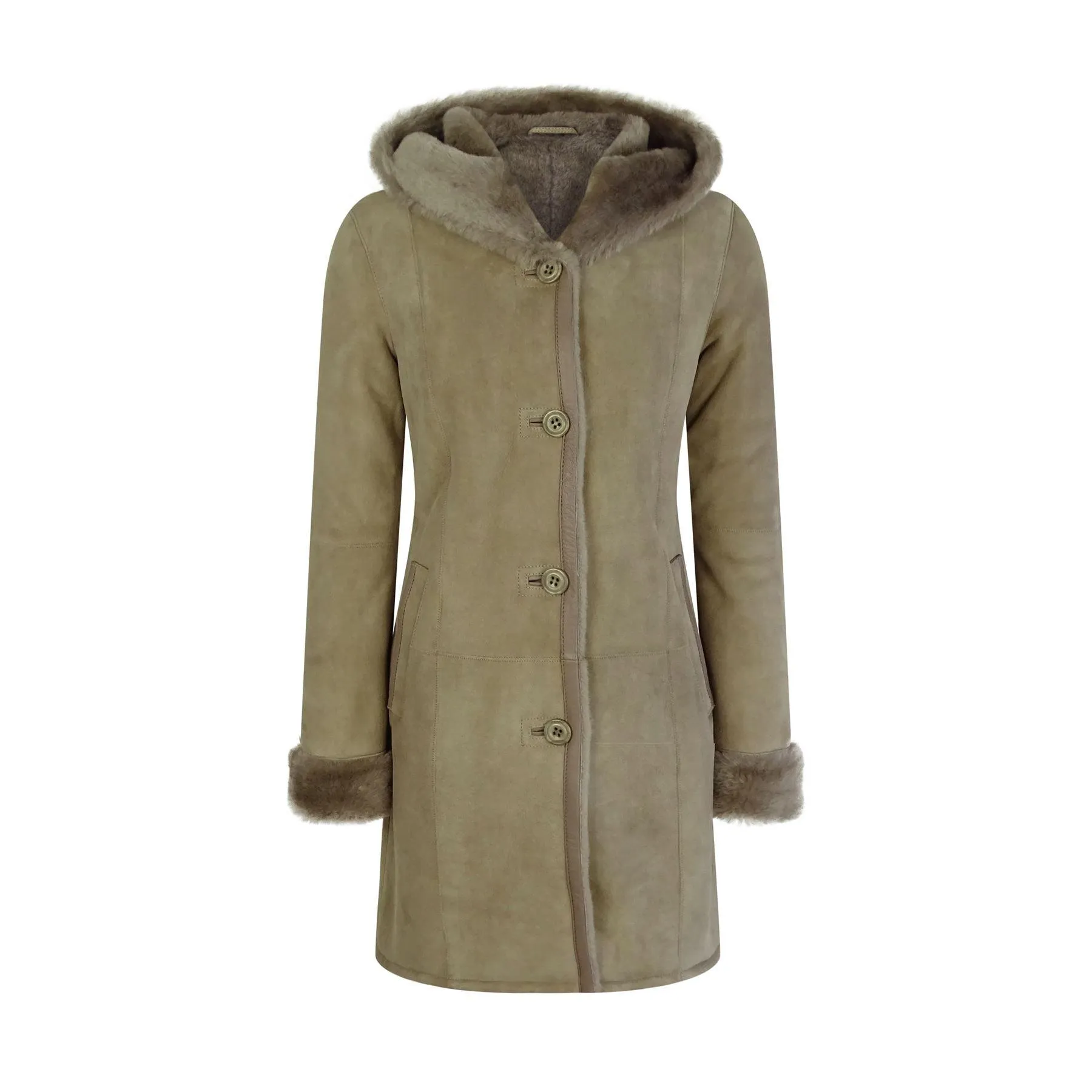 Womens Beige 3/4 Long Hood Real Morino Sheepskin Jacket Button Brown