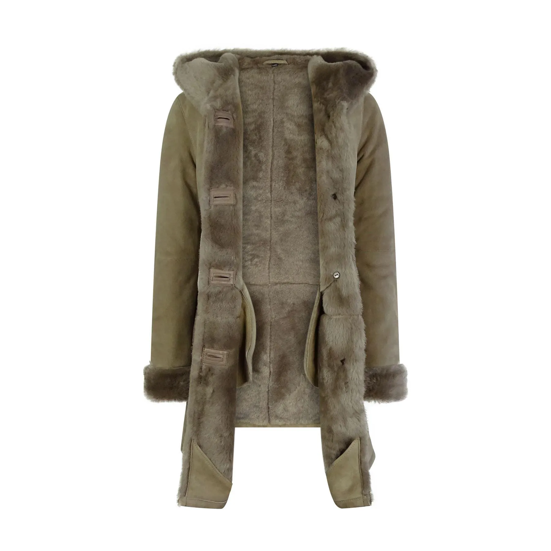 Womens Beige 3/4 Long Hood Real Morino Sheepskin Jacket Button Brown