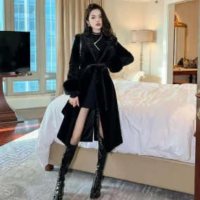 Women's Black Mid-length Coat Velvet