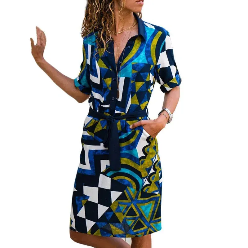 Women's Long Sleeve Printed Shirt Dress