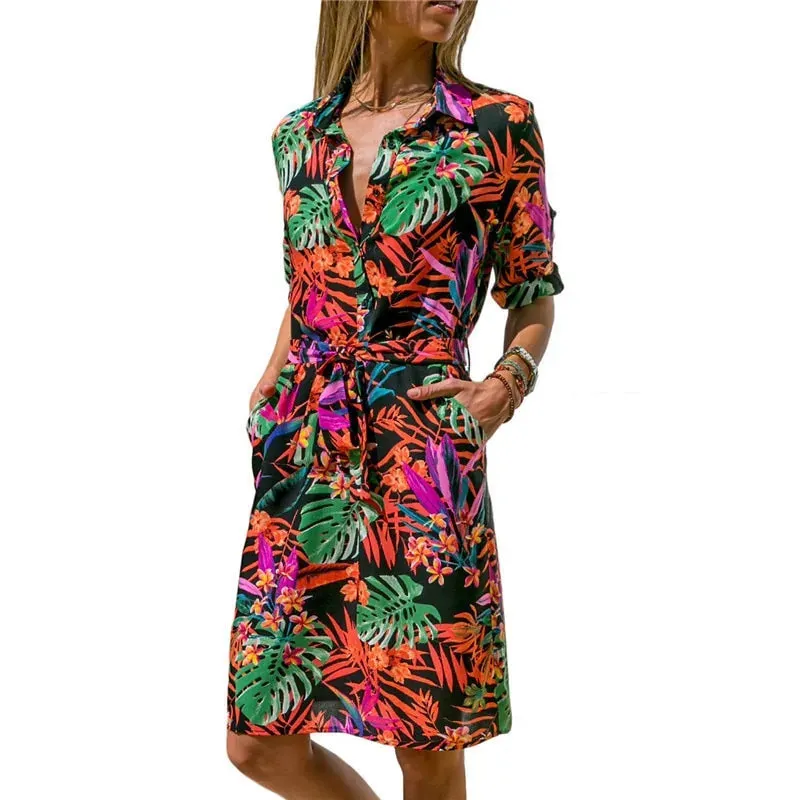 Women's Long Sleeve Printed Shirt Dress