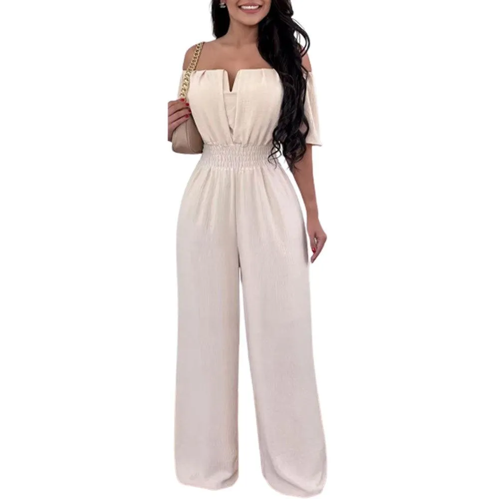 Women's Off-neck Waist Trimming Loose Straight Jumpsuit