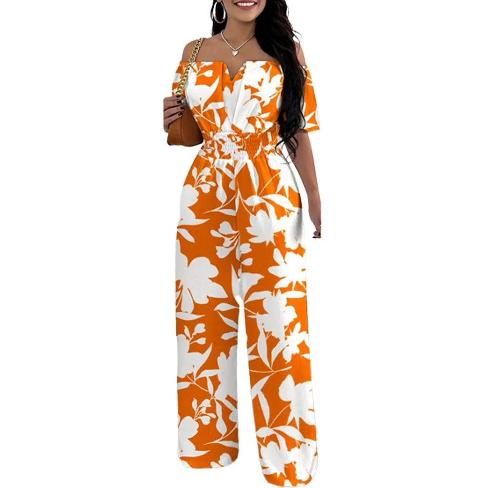 Women's Off-neck Waist Trimming Loose Straight Jumpsuit