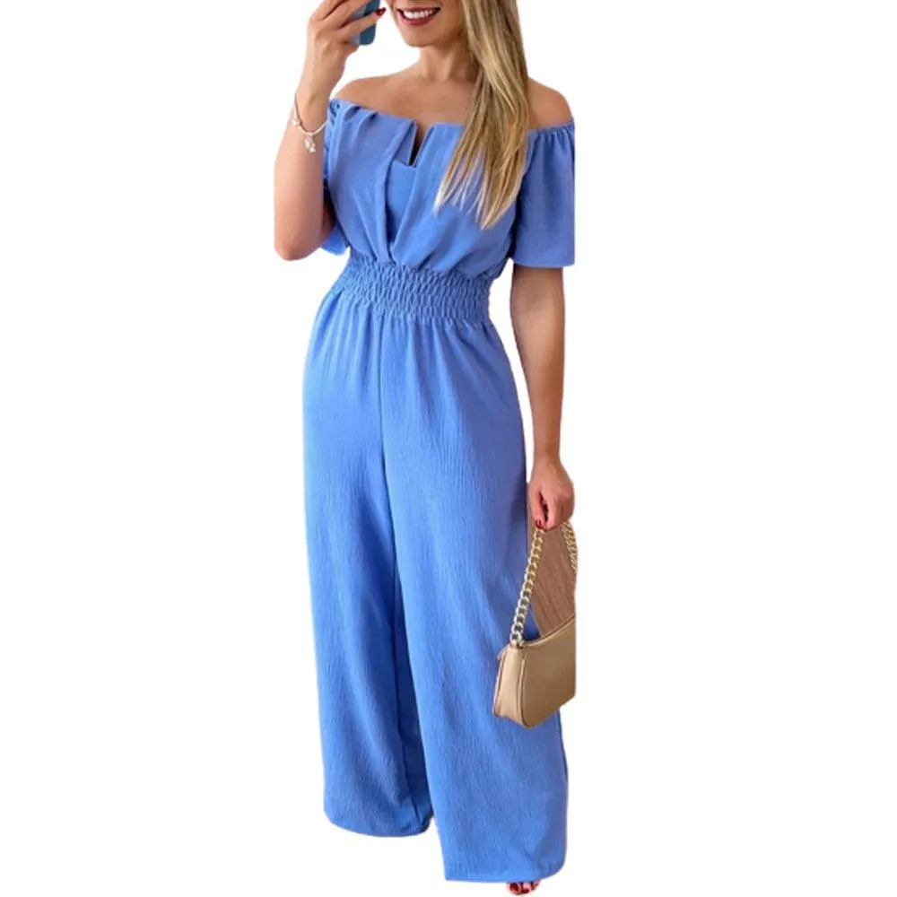 Women's Off-neck Waist Trimming Loose Straight Jumpsuit