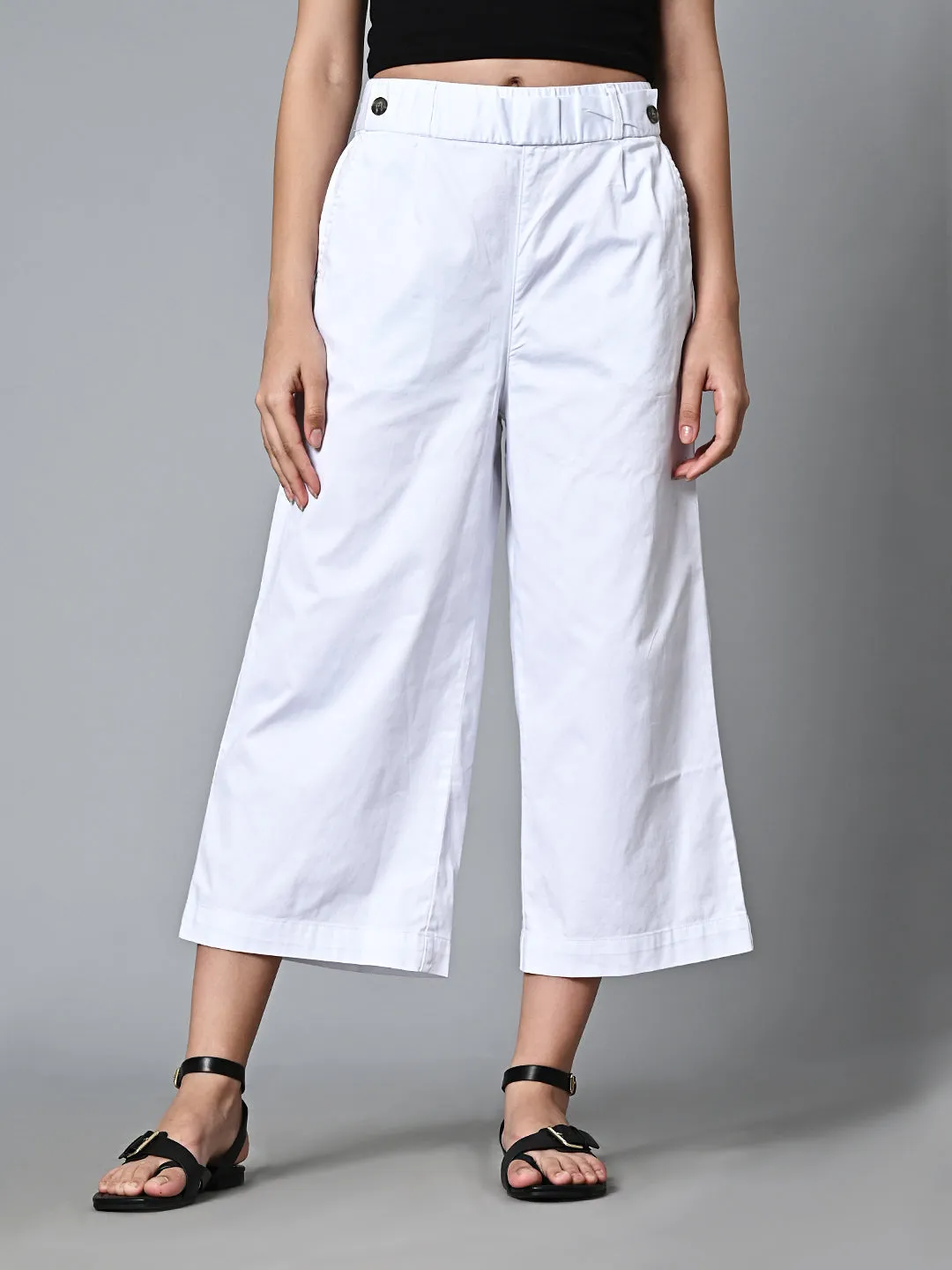 Women's White Cotton Elastane Regular Fit Culotte