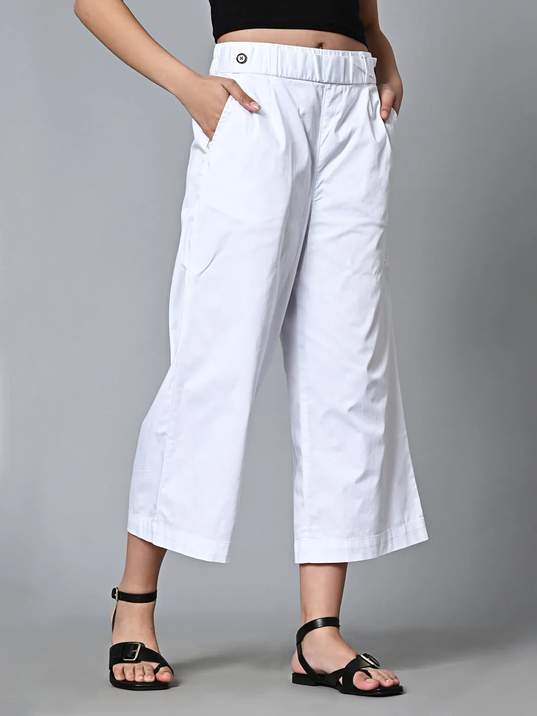 Women's White Cotton Elastane Regular Fit Culotte