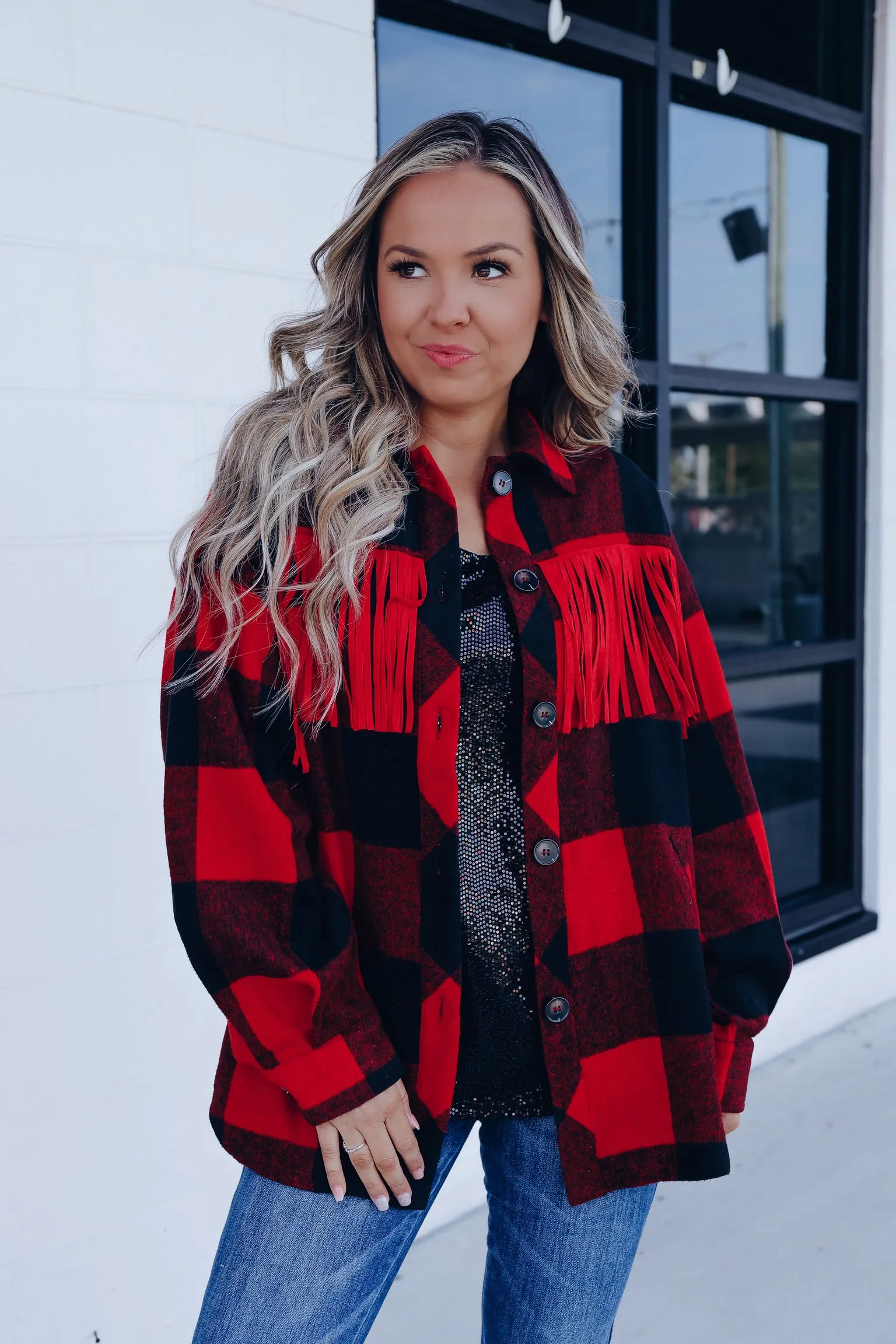 Woodstock Fringe Buffalo Plaid Shacket - Red